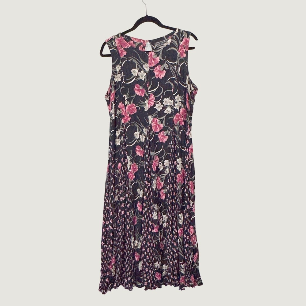 Starina Floral Rayon Sleeveless Midi Dress L Black Pink Cottagecore Boho VTG 90s